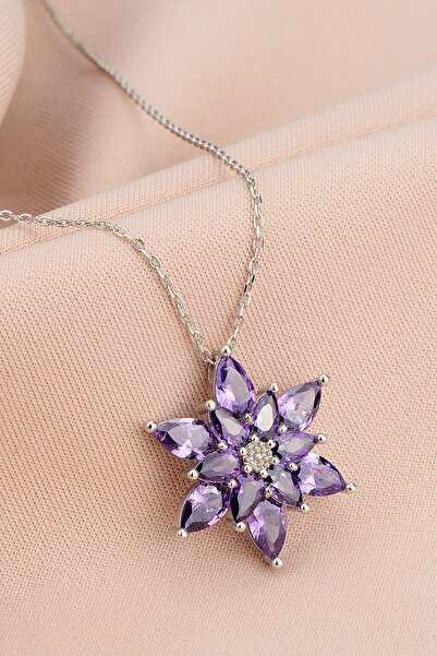 KAR DİAMOND 925 Ayar Gümüş Rodyumlu Damla Ametist Taşlı Kamelya Lotus Çiçeği Kolye - Sertifikalı