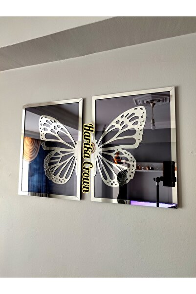 hibiscus Aynalı Model 2 Li Kelebek Tablo (ŞİŞE CAM AYNA)