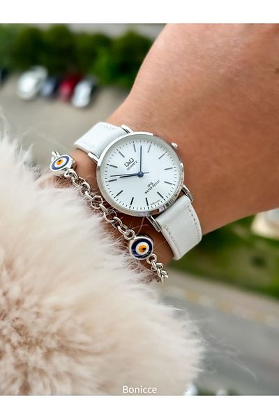 Q&Q Retro Brand White Leather Cord and Silver Case - Polite Women's Wristwatch Bracelet