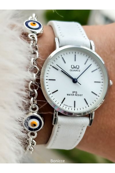 Q&Q Retro Brand White Leather Cord and Silver Case - Polite Women's Wristwatch Bracelet