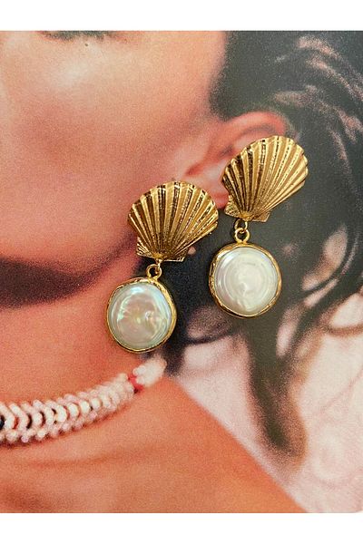 karışık kaset Gold Pearl Oyster Model Earrings