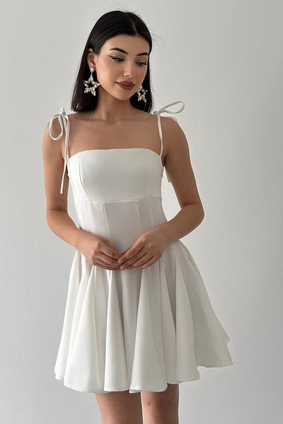 4S1B FASHION Λευκό βραδινό φόρεμα στράπλες γιακά - ύφασμα Atlas, Princess Cut, λεπτή επένδυση 164