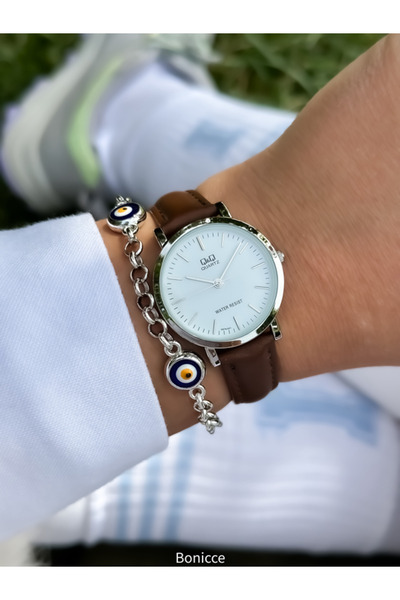 Q&Q Retro Pink Leather Corded Silver Case Polite Women's Wristwatch and Bracelet Set