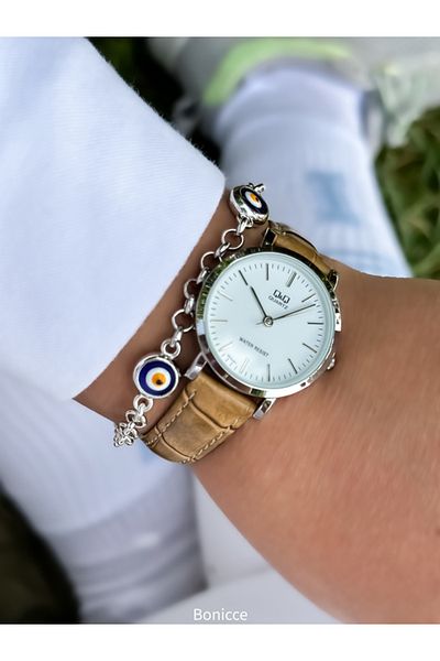 Q&Q Retro Pink Leather Corded Silver Case Polite Women's Wristwatch and Bracelet Set