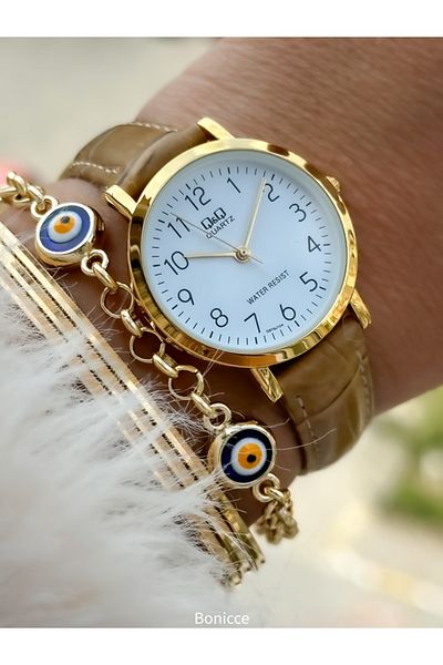 Q&Q Retro Brand Leather Corded Gold Case Women's Wristwatch and Bracelet - Polite with Numerals