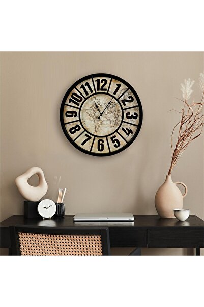 Galaxy Dünya Haritalı Duvar Saati - Siyah - 50 cm