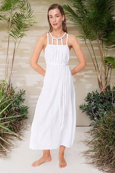 Trendyol Collection Plážové šaty ze 100% bavlny s bílým páskem, tkané maxi tkané TBESS23EL00070