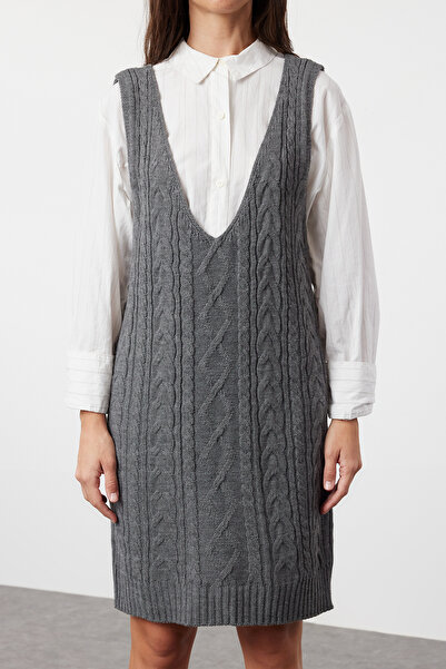 Trendyol Collection Anthracite Mini Hair Braided Knitwear Gilet Dress Twoaw24El00097