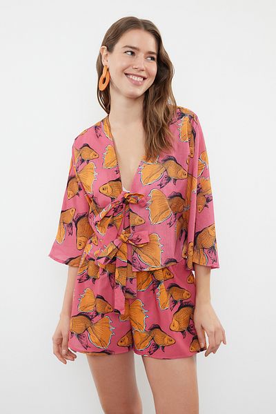 Trendyol Collection Fish Print Cotton Shirt and Shorts Beach Set - Tbess22Au0086