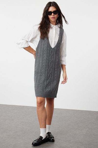 Trendyol Collection Anthracite Knitwear Gilet Dress - Hair Braided, TWOAW24EL00097