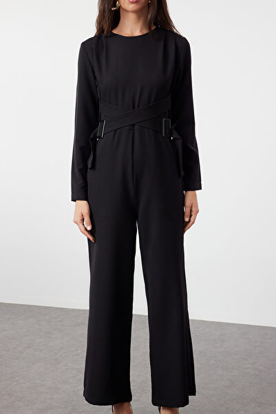 Trendyol Modest Μαύρη φόρμα με διπλό στήθος - Λεπτομέρειες αξεσουάρ, υφαντό TCTSS24TL00007