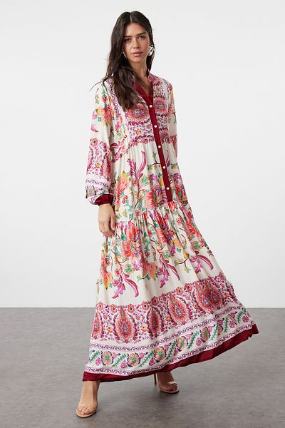 Trendyol Modest فستان منسوج من الفيسكوز باللون العنابي TCTSS24EB00221