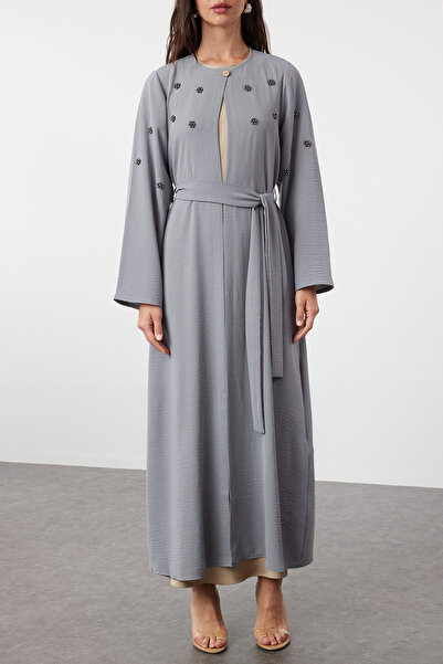 Trendyol Modest Gray Stone Accessory Belted Woven Cap - Ferace/Abaya TCTSS24KF00038