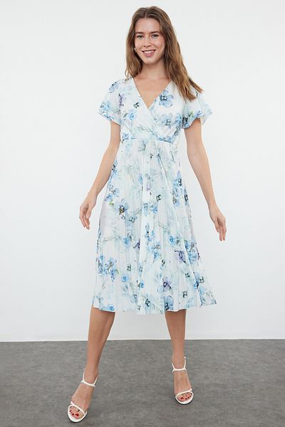 Trendyol Collection Flexible Corded Skater - Εκρού Floral, Διπλό Μαντήλι Μανίκι TWOSS24EL00482