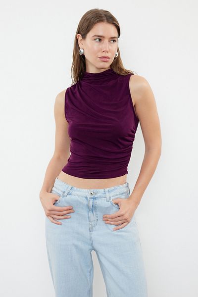 Trendyol Collection Plum Zero Sleeve Shirred Body Εφαρμόζει ελαστική πλεκτή μπλούζα TWOSS24BZ00486
