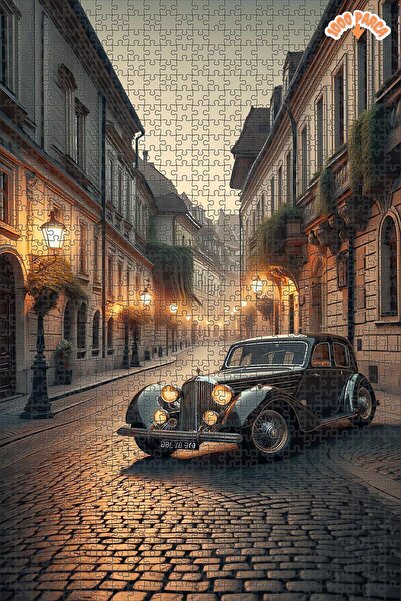 Teona Ahşap Şafak Vakti Klasik Araba Sokakta Çift Katlı Çerçeveli Asılabilir Ahşap Puzzle 1000 PARÇA 70X50