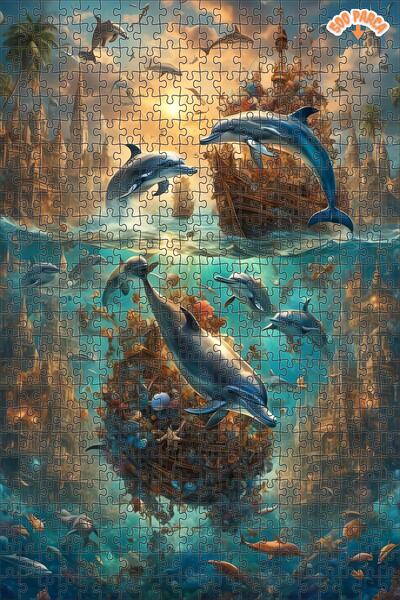 Teona Ahşap Günbatımında Yunus Dansı Dekoratif Çift Katlı Çerçeveli Asılabili...