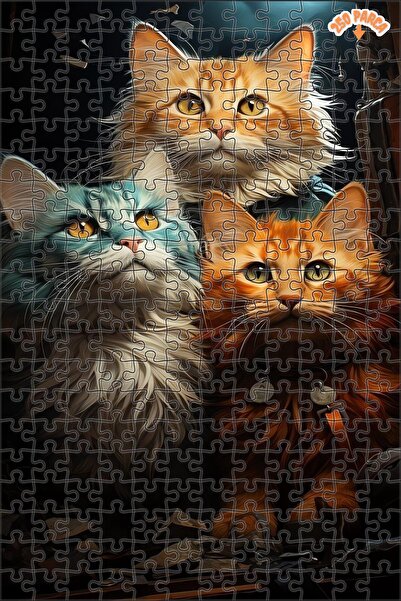 Teona Ahşap Üç Karizmatik Kedi Serüveni Dekoratif Çift Katlı Çerçeveli Asılab...