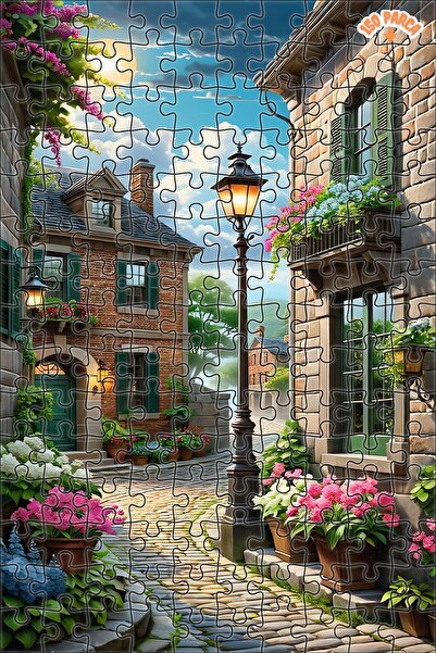 Teona Ahşap Bahar Çiçekleriyle Bezeli Taş Sokaklar Çift Katlı Çerçeveli Asılabilir Ahşap Puzzle 150 PARÇA 30X20