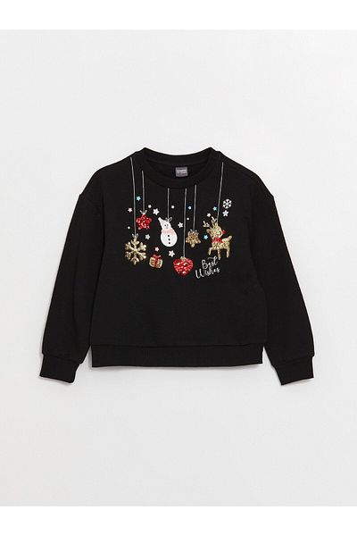 LC Waikiki Dívčí mikina s dlouhým rukávem s novoročním motivem Crew Neck