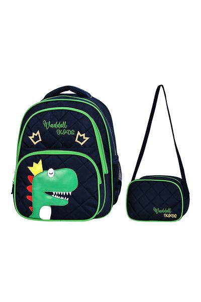 Waddell Rucsac și cutie de prânz pentru școală primară cu model de dinozaur matlasat albastru marin licențiat