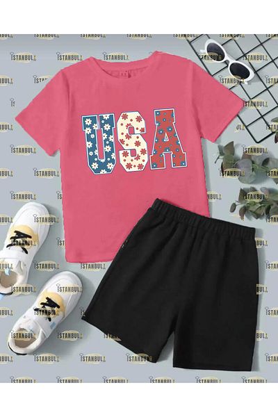 aynewmoda Set de tricouri și pantaloni scurți cu imprimeu SUA