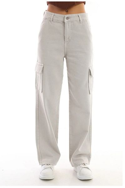 Asortix Girl's Cargo Pocket Detailed High Waist Wide Leg Jeans