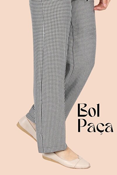 Asortix Girl's High Waist Belted Wide Leg Houndstooth Patterned Fabric Trousers