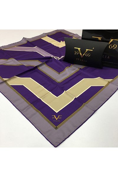 19V69 ITALIA Eșarfă din twill mov cu model geometric Seria aurie cu agatator pentru eșarfe și set cadou 90x90 cm