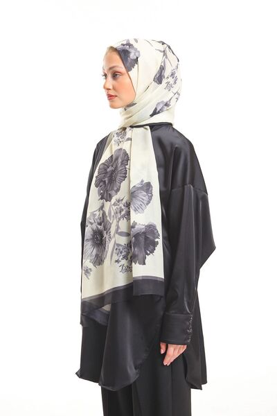 19V69 ITALIA Şal negru crem cu model floral Seria Pavia cu cuier eşarfă şi set cadou 90x200 cm