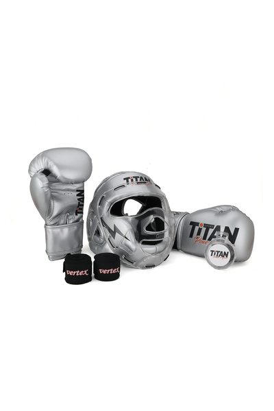 Titan Sport Gümüş (Silver) Serisi Özel Takım Set , Camlı Boks Kaskı, Boks Eldiveni, Dişlik, Bandaj
