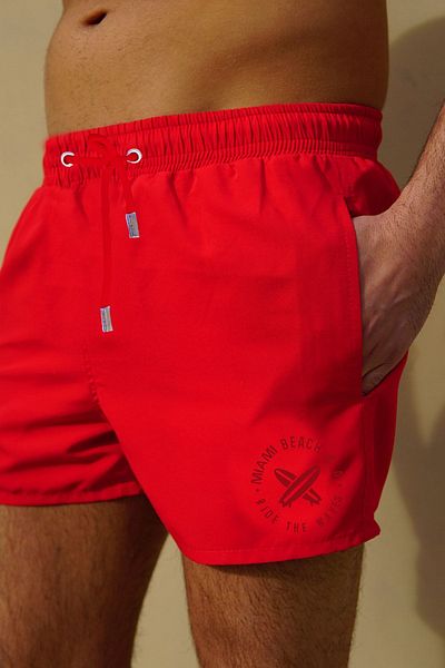 Miami Beach Men's Red Solid Color Mini Length Swimsuit Swim Shorts with Two Side Pockets