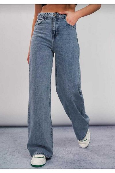 Trn JNS Hardy Mid Blue - Pantaloni Palazzo din denim largi, cu talie super înaltă și Lycra