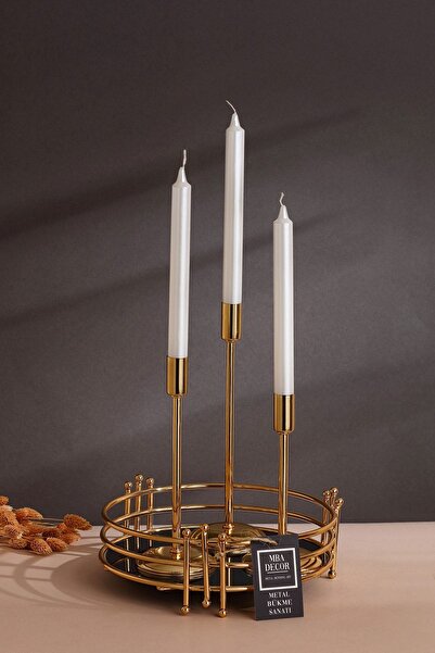 mba decor metal bending art 3'lü ( Üçlü ) Düz Ayak Gold Şamdan Mumluk Dekoratif Mumluk Paslanmaz Kaplama Ev Dekorasyon