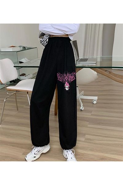 Touz Moda Melody Pink Printed Oversize Unisex Black Sweatpants