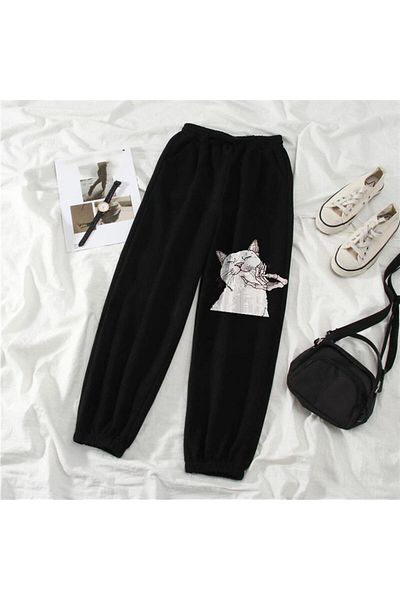 Touz Moda Cat & Skeleton Hand Printed Oversize Unisex Black Sweatpants