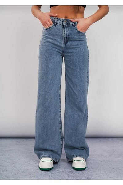 Trn JNS Hardy Mid Blue - Pantaloni Palazzo din denim largi, cu talie super înaltă și Lycra