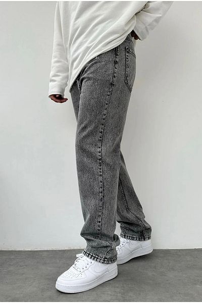 Cuqq Denim Men's Acid Wash Gray Wide Leg Jeans Baggy Trousers