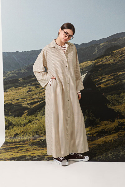 ZÜLAYS Çizgili Poplin Gömlek Elbise Kahverengi