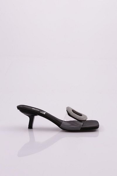 DGN A7208 Schwarze Satin-Hausschuhe für Damen - Schnalle mit runder Steinstickerei, Absätze