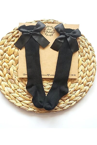 Asa Bebek Çocuk Kız Bebek Fiyonklu Diz Altı Siyah Çorap