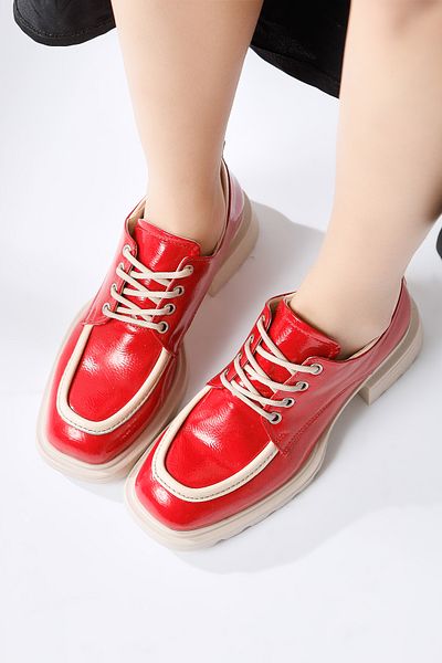 Limoya Niven Red Wrinkled Patent Leather Moccasin with Beige Detail, Women's Loafer Shoes