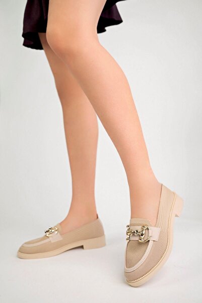 Aymood Kadın Nude Zincir Tokalı Kalın Taban Pu Deri Günlük Klasik Topuklu Loafer Makosen Ayakkabı F Krem Te