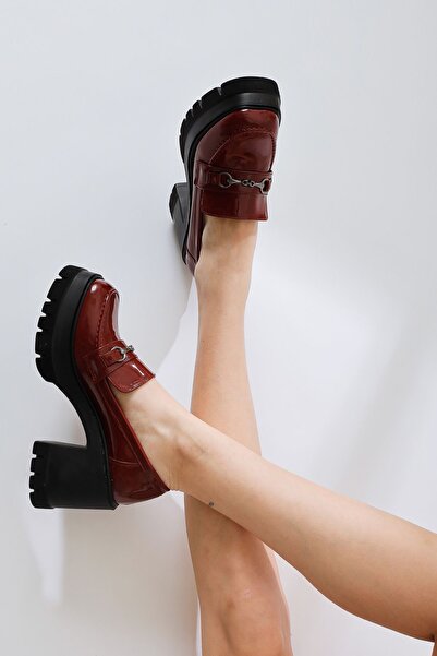 Limoya Manija Bordo Rugan Toka Detaylı Platformlu Makosen, Kadın Loafer Ayakkabı