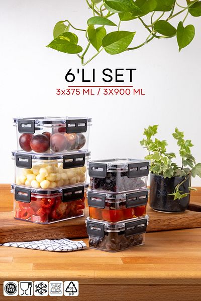 Nandy Home Set of 6 - Rectangular Clear Storage Container with Lock Lid 375-900ML