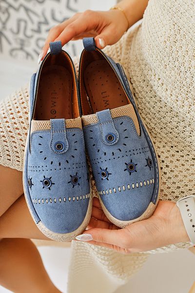 Limoya Balerini Bethina Blue din piele intoarsa cu nituri perforate cu laser, pantofi de balerina pentru dama