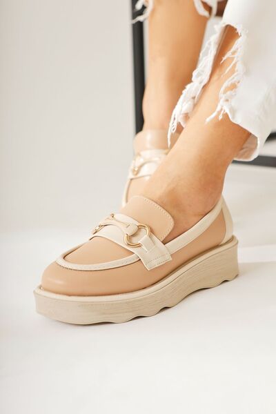 Limoya Larah Nud, Beige-Beige Buckle Detailed Moccasin, Women's Loafer Shoes