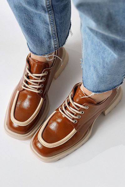Limoya Niven Brown Wrinkled Patent Leather Moccasin with Beige Detail, Women's Loafer Shoes
