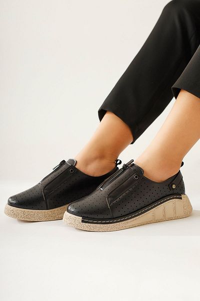 Limoya Melonie Black Laser Perforated Zippered Women's Casual Shoes