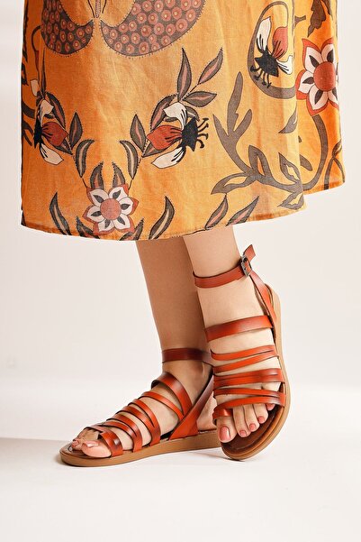 Jilberto Hakiki Deri Theodora Bantlı Turuncu, Oranj Kadın Sandalet